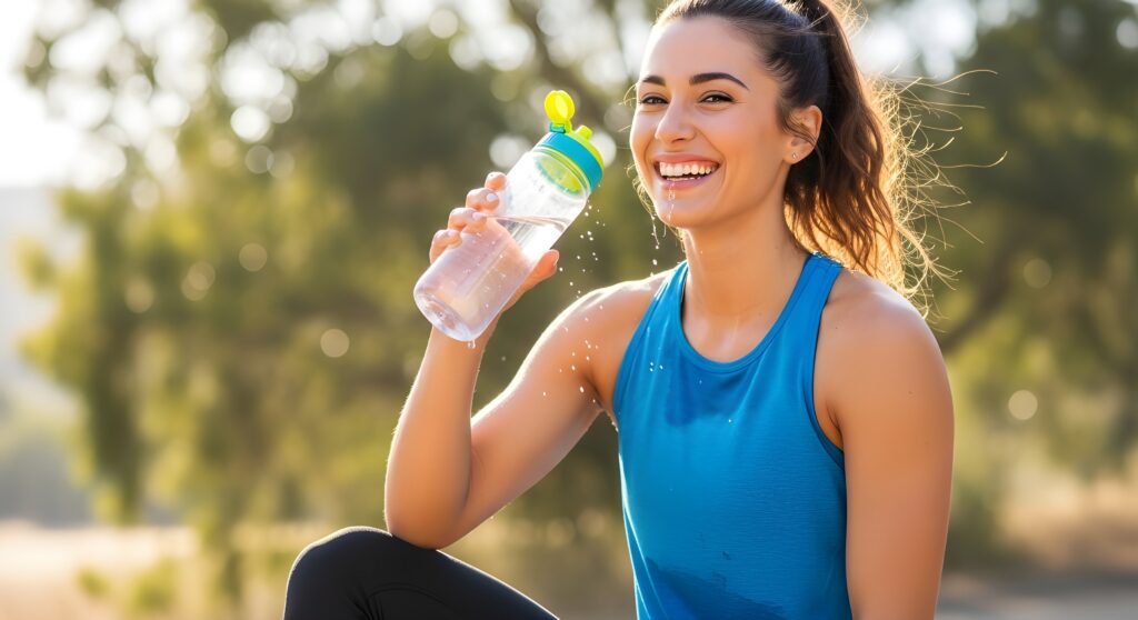 woman drinking water while exercising to stay hydrated